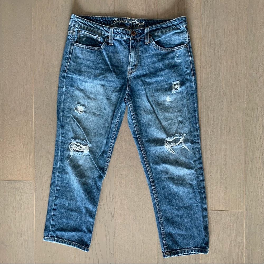 American Eagle Medium Blue Mid-Rise Distressed Straight Jeans